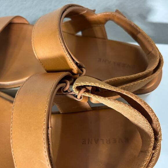 Everlane The Leather Platform Sandal Golden Brown Tan Ankle Strap White Velcro 8 - Picture 11 of 12